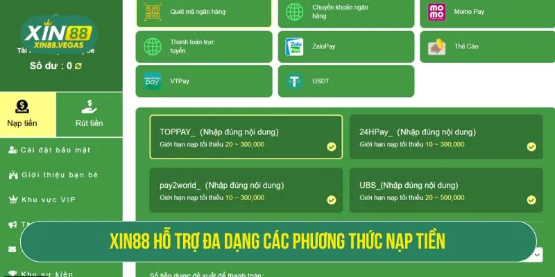 Thành viên tham gia có thể lựa chọn phương thức nạp phù hợp